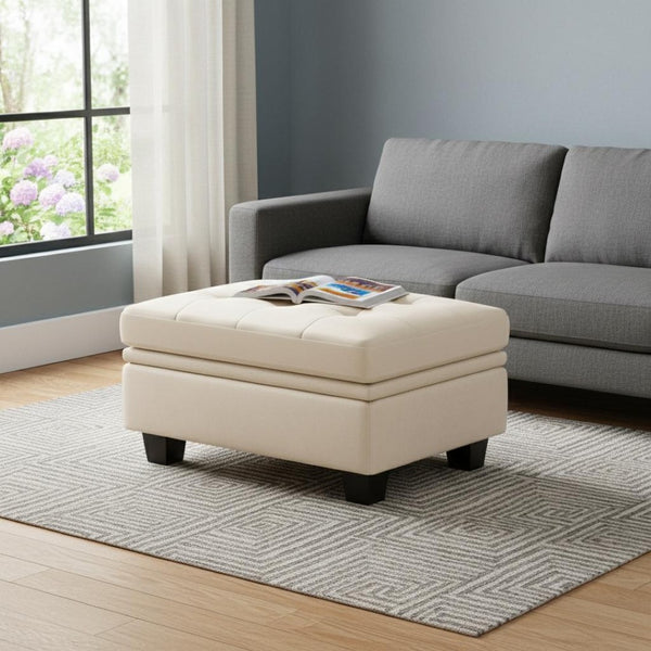 HomeRoots 29" Beige Chenille Ottoman with Hidden Storage - Stylish Seating, Tufted Top & Black Legs for Home Decor 714392