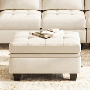 HomeRoots 29" Beige Chenille Ottoman with Hidden Storage - Stylish Seating, Tufted Top & Black Legs for Home Decor 714392