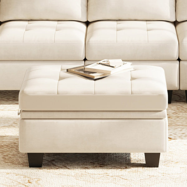 HomeRoots 29" Beige Chenille Ottoman with Hidden Storage - Stylish Seating, Tufted Top & Black Legs for Home Decor 714392