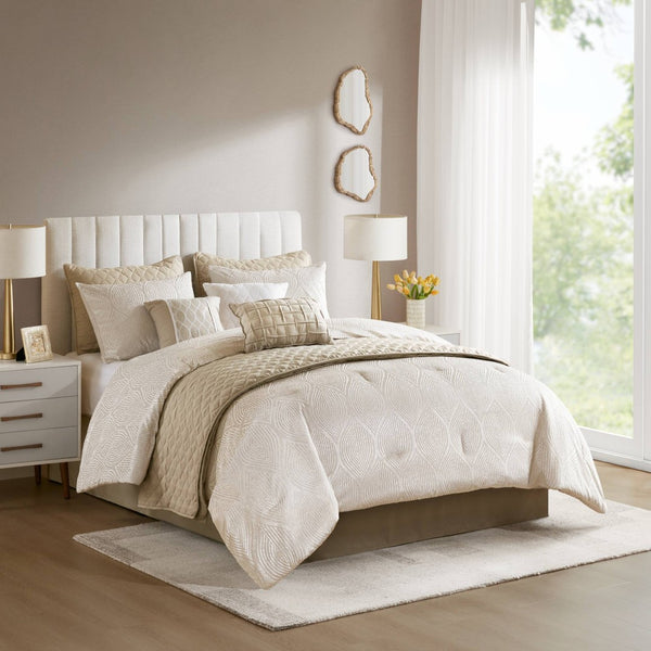 English Elm 10-piece California King Velvet Jacquard Comforter Set Layered Bedding with Microfiber Shams Champagne B035P482942