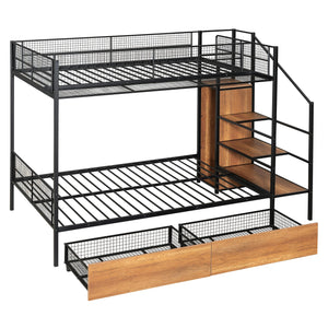 English Elm Twin Metal Bunk Bed Twin-Over-Full with Built-In Drawer, Ladder Storage, Wardrobe & Trundle Utility Black SF000174AAB
