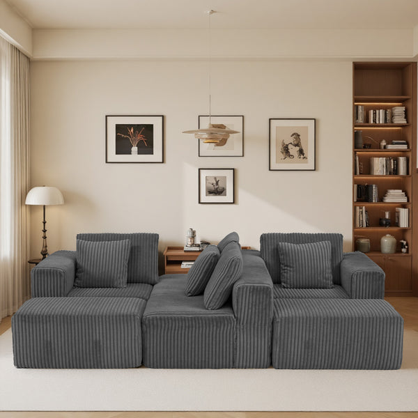 English Elm Modular U-Shaped Sectional Sofa, 132-Inch 4-Seater With Reversible Chaise In Gray Striped Corduroy Fabric For Ultimate Comfort And Style In Your Living Room Or Bedroom W3276S00017