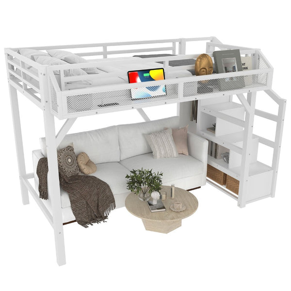 English Elm Full Xl Over Twin Triple Metal Bunk Bed with Storage Stairs and Shelves Black White W1580S00408