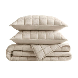 English Elm 3-piece French Linen Quilt Set Garment Washed Breathable Box Stitched Bedding Linen B035P408297