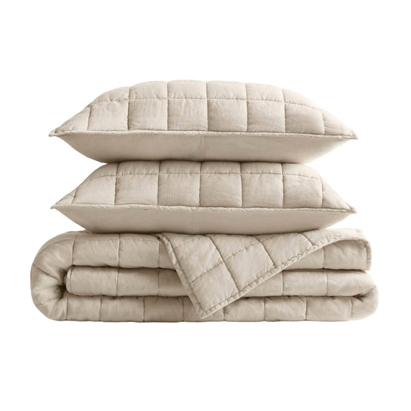 English Elm 3-piece French Linen Quilt Set Garment Washed Breathable Box Stitched Bedding Linen B035P408297