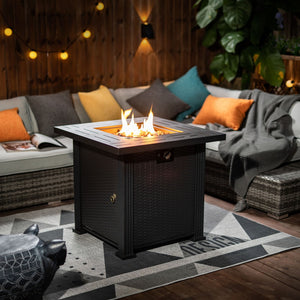 HomeRoots 50000 BTU Square Black Rattan Propane Fire Pit Table – Stylish, Safe, and Low-Maintenance Outdoor Warmth 714418