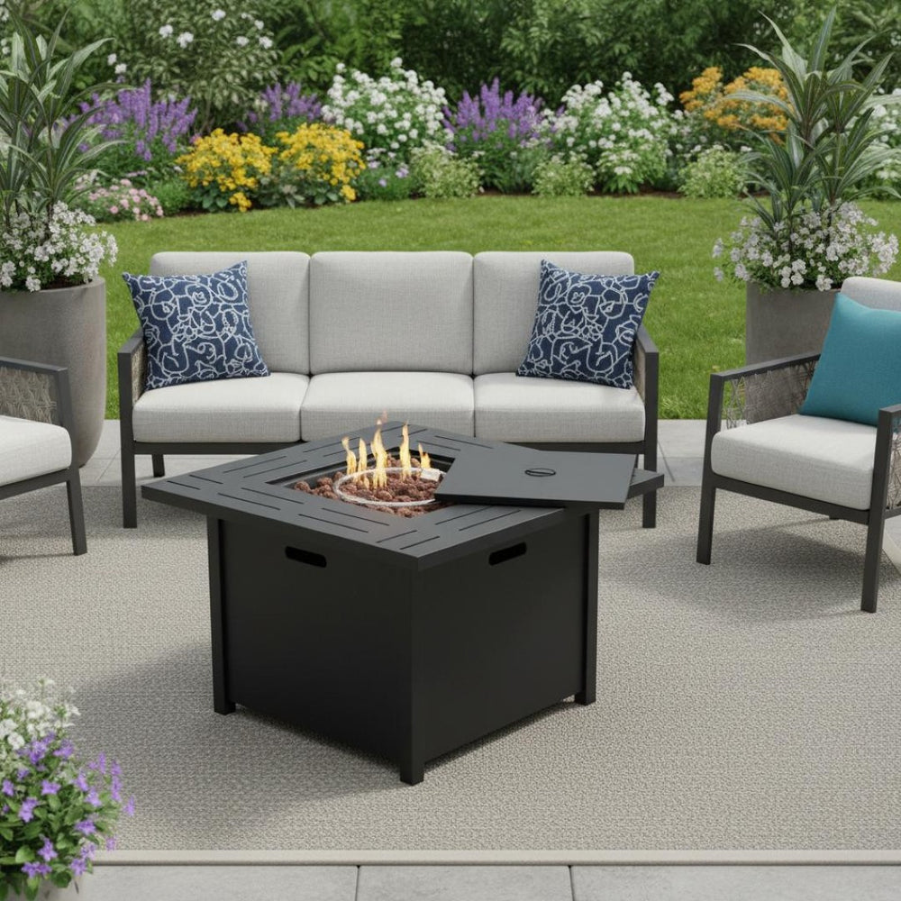 HomeRoots 50000 BTU Square Black Rattan Propane Fire Pit Table – Stylish, Safe, and Low-Maintenance Outdoor Warmth 714418