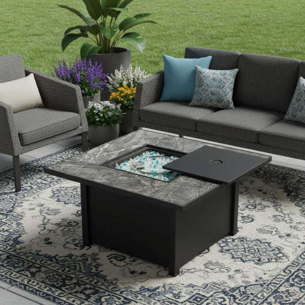 HomeRoots 50000 BTU Square Black Steel Propane Fire Pit Table with Cover - Perfect for Outdoor Gatherings! 714420