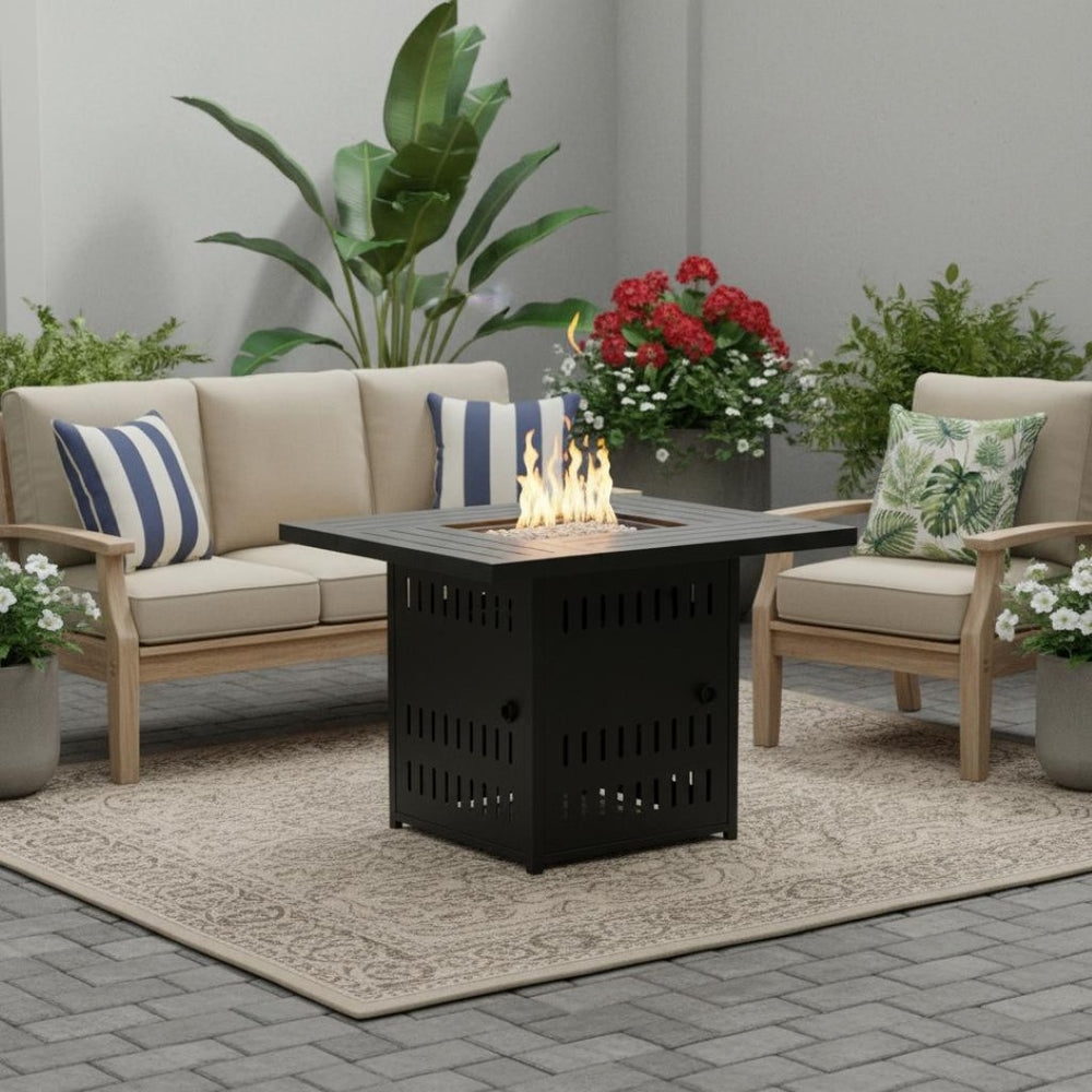 HomeRoots 50000 BTU Black Steel Square Propane Fire Pit Table - Durable, Stylish, & Perfect for Outdoor Gatherings 714421