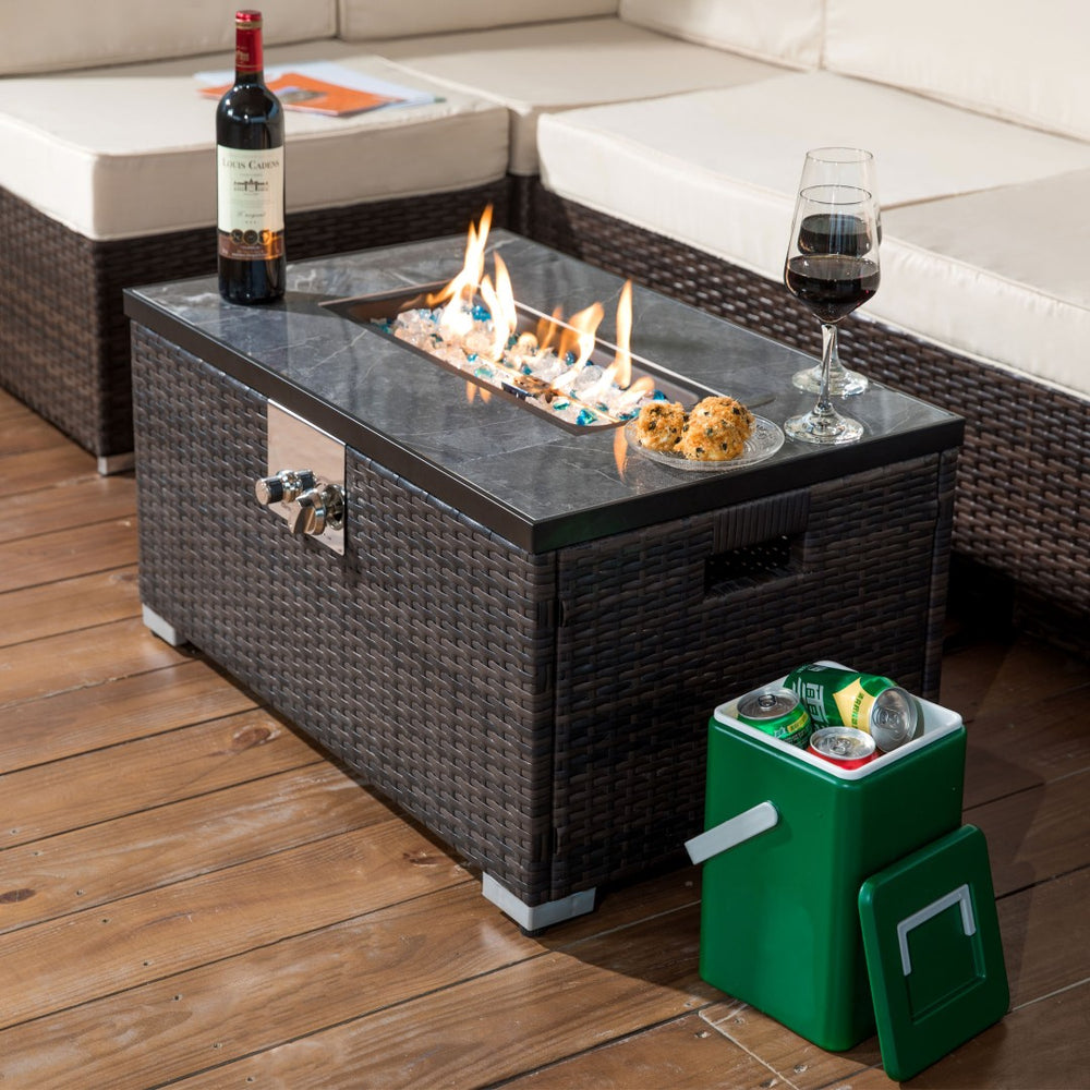 HomeRoots 40000 BTU Brown Wicker Propane Fire Pit Table – Elegant Outdoor Heating with Cover & Safety Features 714428