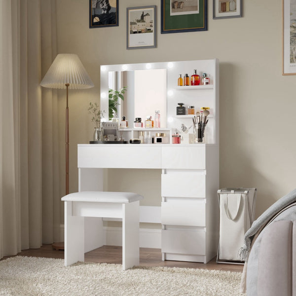 HomeRoots 41" White Wood Lighted Seven-Drawer Dresser with USB Port, Ample Storage, and Elegant Design 714433