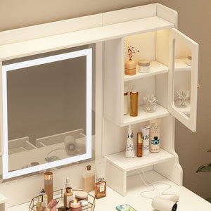 HomeRoots 47" Elegant White Three Drawer Vanity Table with Comfortable Seat, Mirror & Ample Storage Space 714438