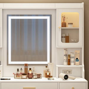 HomeRoots 47" Elegant White Three Drawer Vanity Table with Comfortable Seat, Mirror & Ample Storage Space 714438