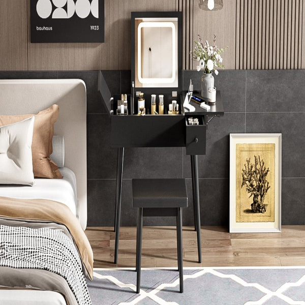 HomeRoots 45" White Five Drawer Vanity Table - Modern Design with Upholstered Seat & Ample Storage for Elegance 714442