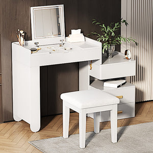 HomeRoots 45" Brown Five Drawer Vanity Table - Elegant Storage for Makeup and Grooming with Upholstered Seat 714443