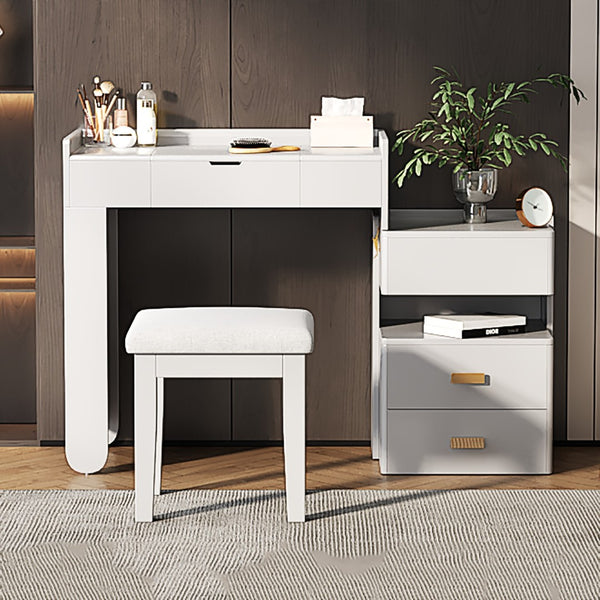 HomeRoots 45" Brown Five Drawer Vanity Table - Elegant Storage for Makeup and Grooming with Upholstered Seat 714443