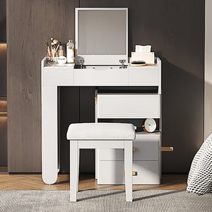 HomeRoots 45" Brown Five Drawer Vanity Table - Elegant Storage for Makeup and Grooming with Upholstered Seat 714443