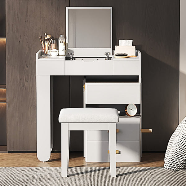 HomeRoots 45" Brown Five Drawer Vanity Table - Elegant Storage for Makeup and Grooming with Upholstered Seat 714443