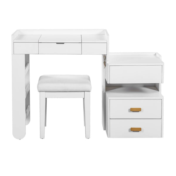 HomeRoots 45" Brown Five Drawer Vanity Table - Elegant Storage for Makeup and Grooming with Upholstered Seat 714443