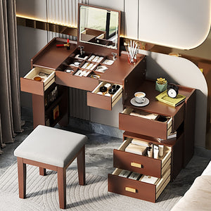 HomeRoots 39" Brown Elegant Eight Drawer Vanity Table with Upholstered Seat for Stylish and Organized Grooming 714444