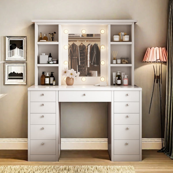HomeRoots 51" Elegant White Four Drawer Vanity Table – Stylish Storage for Makeup, Grooming, and Bedroom Decor 714446
