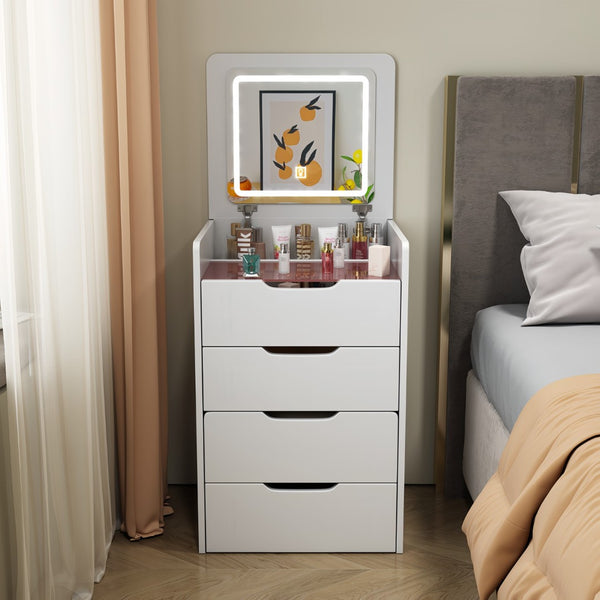 HomeRoots 24" White Wood Lighted Mirrored Dresser – Stylish 3-Drawer Storage & Grooming Station for Small Spaces 714449