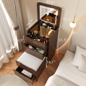 HomeRoots 19" Brown Wood Lighted Mirrored Dresser - Chic Three Drawer Storage with Vanity for Small Spaces 714451