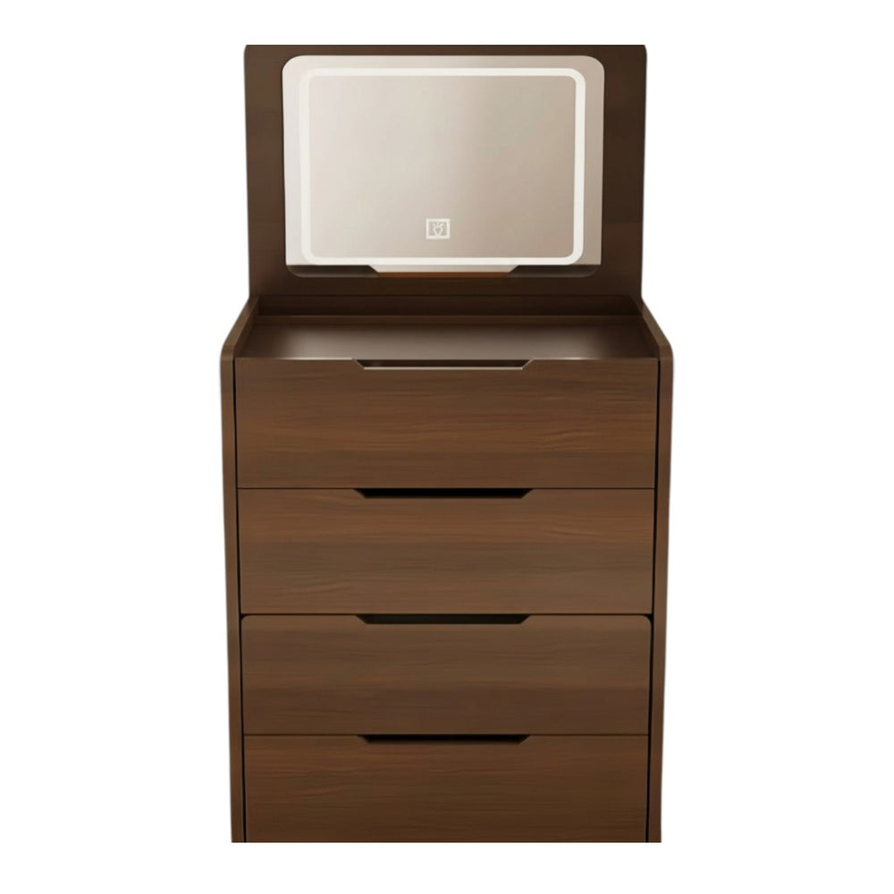 HomeRoots 19" Brown Wood Lighted Mirrored Dresser - Chic Three Drawer Storage with Vanity for Small Spaces 714451