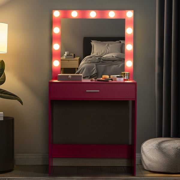 HomeRoots 35" Pink Wood Lighted Two-Drawer Dresser with Mirror & Hutch – Stylish Storage Solution for Your Bedroom! 714457