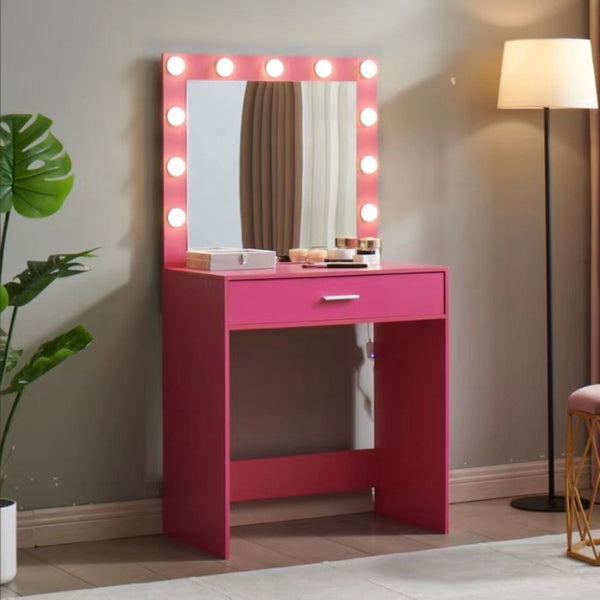 HomeRoots 35" Pink Wood Lighted Two-Drawer Dresser with Mirror & Hutch – Stylish Storage Solution for Your Bedroom! 714457