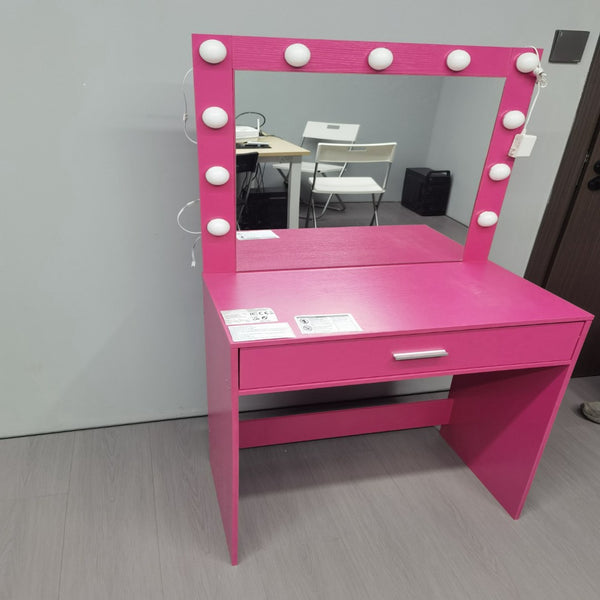 HomeRoots 35" Pink Wood Lighted Two-Drawer Dresser with Mirror & Hutch – Stylish Storage Solution for Your Bedroom! 714457