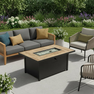 HomeRoots 50000 BTU Beige Iron Rectangular Propane Fire Pit Table with Cover for Cozy Outdoor Gatherings 714460