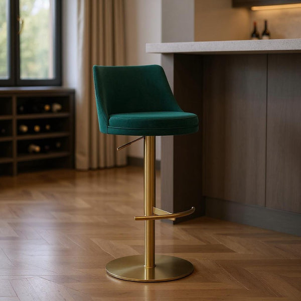 HomeRoots Blue Velvet and Rose Gold Adjustable Swivel Bar Chair – Chic Comfort for Modern Spaces 714468