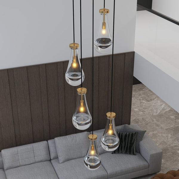 English Elm 5 Light Cluster Pendant with Raindrop Glass & Adjustable Copper Rope, Modern High-Ceiling Chandelier for Living Room, Dining, Stairwell — App-Controlled Gold W1340P316385