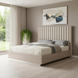 HomeRoots Gray Upholstered Queen Bed Frame with Tufted Faux Leather & Integrated Lighting for Modern Elegance 714475
