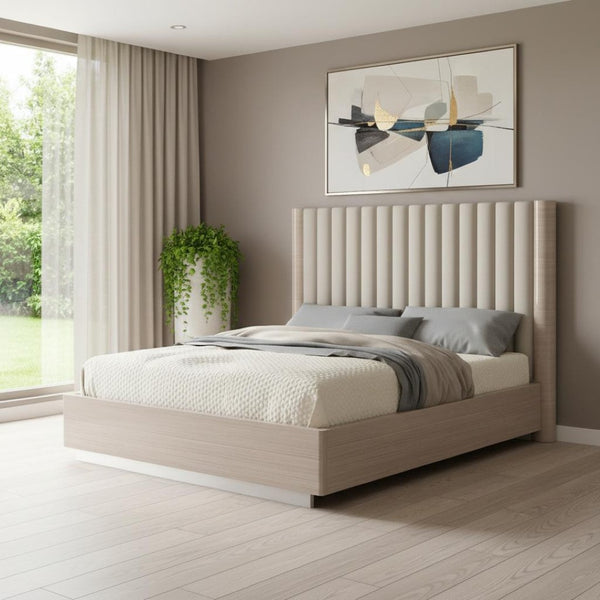 HomeRoots Gray Upholstered Queen Bed Frame with Tufted Faux Leather & Integrated Lighting for Modern Elegance 714475