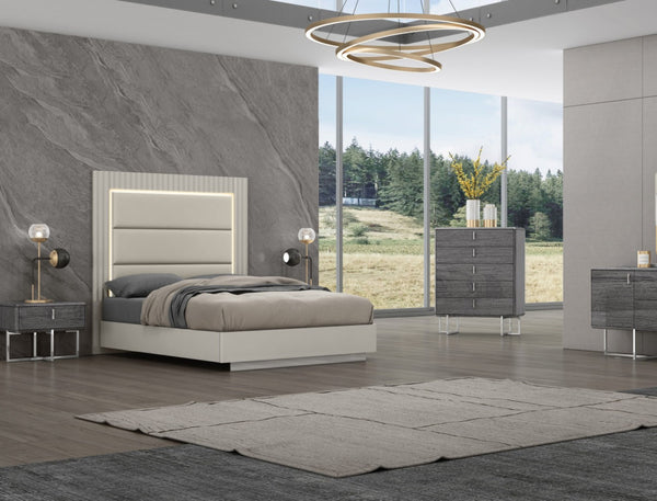 HomeRoots Gray Upholstered King Bed Frame with Tufted Faux Leather, Integrated Lighting & Modern Design 714476