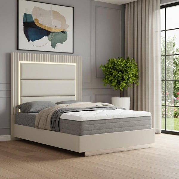 HomeRoots Gray Upholstered King Bed Frame with Tufted Faux Leather, Integrated Lighting & Modern Design 714476