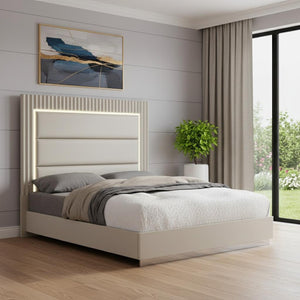 HomeRoots Gray Wood King Bed Frame - Contemporary Platform Design with Upholstered Headboard for Ultimate Comfort 714477