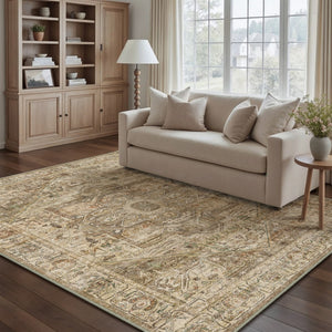 HomeRoots 6' Elegant Brown and Beige Floral Medallion Area Rug - Soft, Durable, and Machine Washable for Homes 6' X 9' 714495