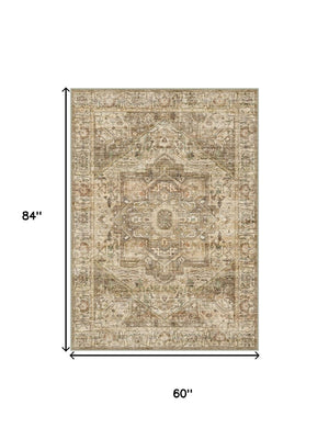 HomeRoots 6' Elegant Brown and Beige Floral Medallion Area Rug - Soft, Durable, and Machine Washable for Homes 6' X 9' 714495