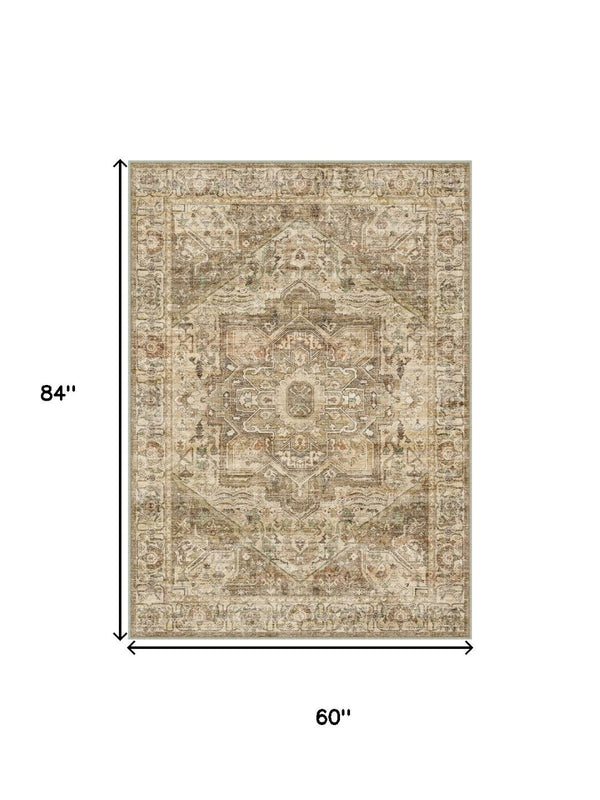 HomeRoots 6' Elegant Brown and Beige Floral Medallion Area Rug - Soft, Durable, and Machine Washable for Homes 6' X 9' 714495