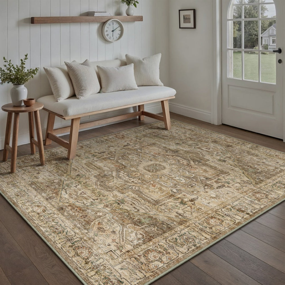 HomeRoots 6' Elegant Brown and Beige Floral Medallion Area Rug - Soft, Durable, and Machine Washable for Homes 8' X 10' 714496