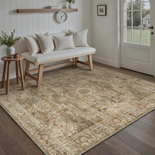 HomeRoots 6' Elegant Brown and Beige Floral Medallion Area Rug - Soft, Durable, and Machine Washable for Homes 8' X 10' 714496