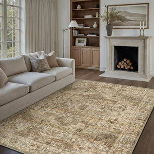 HomeRoots 6' Elegant Brown and Beige Floral Medallion Area Rug - Soft, Durable, and Machine Washable for Homes 9' X 12' 714497