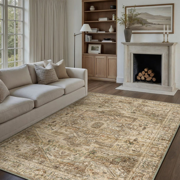 HomeRoots 6' Elegant Brown and Beige Floral Medallion Area Rug - Soft, Durable, and Machine Washable for Homes 9' X 12' 714497