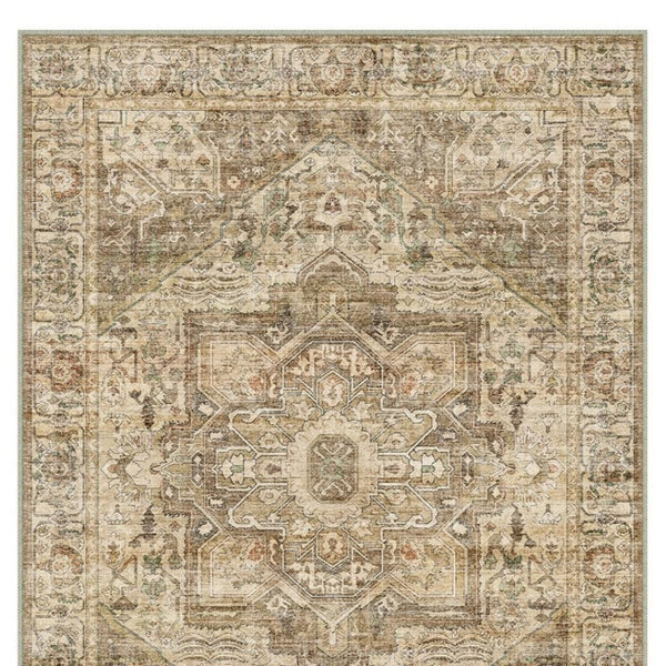 HomeRoots 6' Elegant Brown and Beige Floral Medallion Area Rug - Soft, Durable, and Machine Washable for Homes 9' X 12' 714497