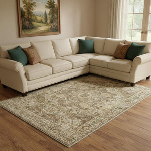 HomeRoots 6' Elegant Brown and Beige Floral Medallion Area Rug - Soft, Durable, and Machine Washable for Homes 9' X 12' 714497