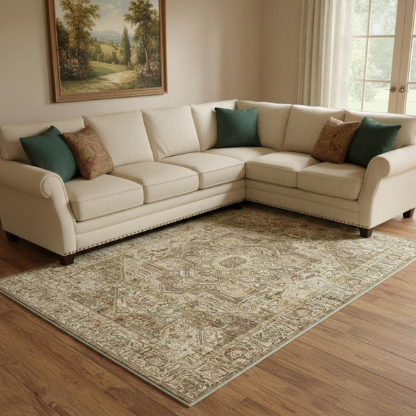 HomeRoots 6' Elegant Brown and Beige Floral Medallion Area Rug - Soft, Durable, and Machine Washable for Homes 9' X 12' 714497