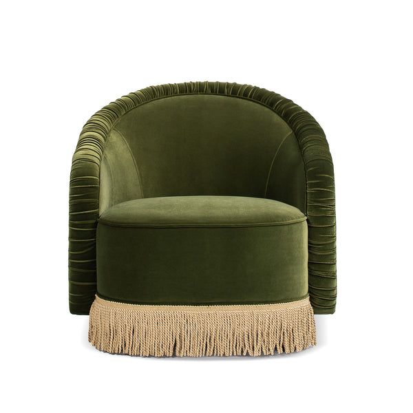 English Elm Jennifer Taylor Home - Serena Olive Green Performance Velvet Barrel Back Accent Chair with Ruched Texture & Bullion Fringe Elegance B2719P355285